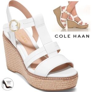 Cole Haan Women's Cloud All Day Platform Wedge white Leather Ankle strap Sandals
